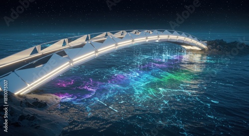 Futuristic illuminated bridge spans dark ocean water under a starry night sky