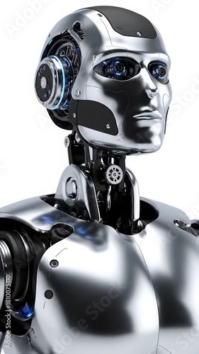 Closeup of a chrome humanoid robot bust against a white studio background. A blue glow in the eye reveals a circular mechanism with gears and circuitry. Slow zoom out reveals the upper torso