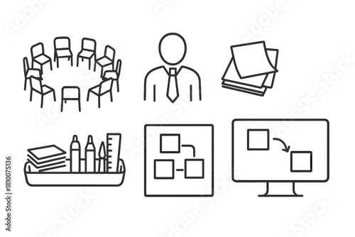 Design Workshop Icons. Line style icons of design thinking workshop setup: circle of chairs, facilitator icon, sticky note packs,