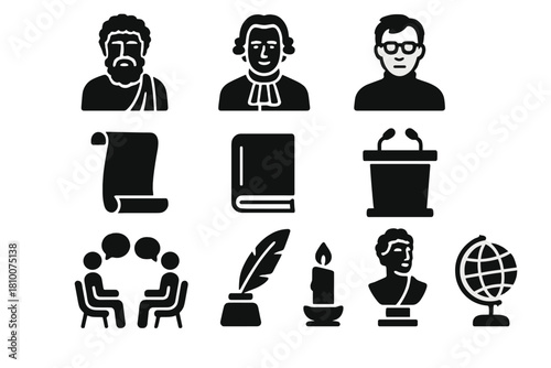 Philosophy Evolution Icons. Solid style icons of Philosophy Evolution: classical thinker, enlightenment scholar, contemporary