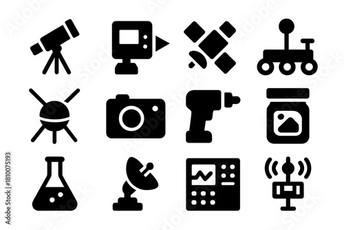 Planetary Research Icons. Solid style icons of planetary research tools: telescope, spectrometer, satellite, rover, probe, camera,