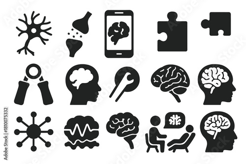 Brain Training Icons. Solid style icons of Brain Training: neuron, synapse, learning app, puzzle piece, rehabilitation tools,
