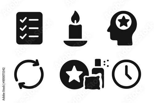Lucid Dream Rituals Icons. Solid style icons of lucid dream rituals: nightly checklist pad, ritual candle icon, pre-sleep focus
