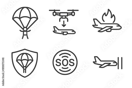 Emergency Response Icons. Line style icons of emergency and safety responses: parachute deployment, auto-landing protocol, engine