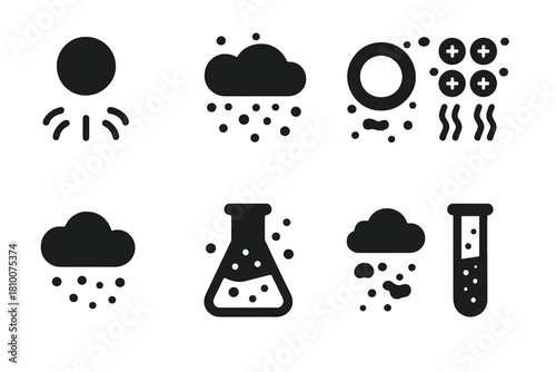 Fluid Suspension Icons. Solid style icons of fluid and particle suspension: floating liquid sphere, air-suspended powder, mist