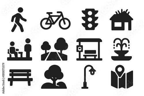 Urban Planning Icons. Solid style icons of urban planning: pedestrian path, bicycle lane, traffic signal, green roof, public