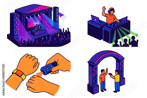 Vibrant Urban Nightlife. Isometric vector illustration set Urban nightlife – electronic dance festival, LED stage, glow sticks;