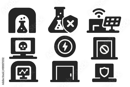 Rogue Lab Icons. Solid style icons of rogue innovation labs: dark lab chamber icon, unauthorized experiment glyph, off-grid setup.