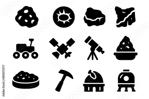 Moon Exploration Icons. Solid style icons of Moon Surface Studies: lunar rock, impact crater, water ice, rover, satellite,