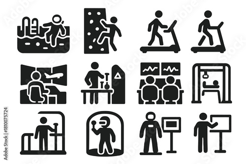Training Facility Icons. Solid style icons of training facilities: neutral buoyancy pool, climbing wall, treadmill, simulator room