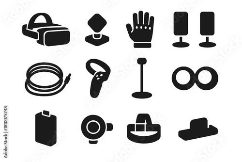VR Equipment Icons. Solid style icons of VR equipment: headset, motion tracker, haptic glove, sensors, cable, controller, stand,