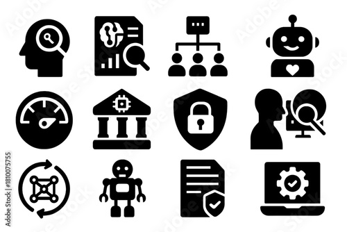 Ethical AI Icons. Solid style icons of Ethical AI Practices: bias detection, AI transparency report, accountability framework,