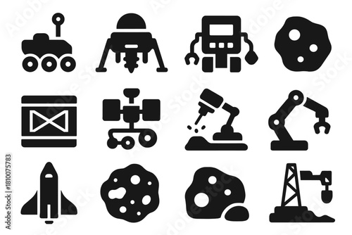 Space Mining Icons. Solid style icons of Space Extraction Systems: asteroid rover, lunar drill, mining robot, ore sample, cargo