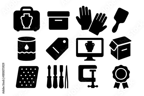 Conservation Tool Icons. Solid style icons of conservation and preservation: protective casing, storage box, gloves, brush, water