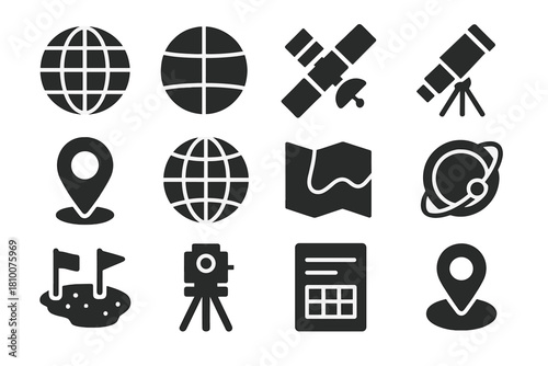 Celestial Mapping Icons. Solid style icons of celestial property mapping: planetary grid, coordinate lines, satellite, telescope,