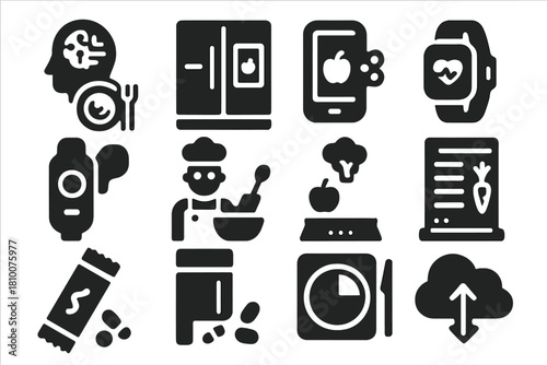 Futuristic Nutrition Tech Icons. Solid style icons of futuristic nutrition tech: AI meal planner, smart fridge, nutrient scanner,