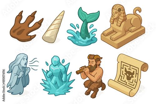 Mythical Creatures Set. Isometric vector illustration set of Mythical creatures: dragon claw print, unicorn horn shard, mermaid