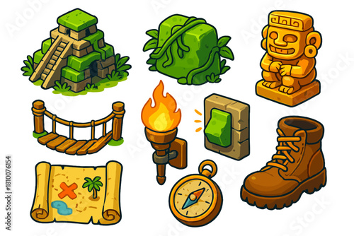 Comic Jungle Adventure Icons. Isometric vector illustration set Comic book elements – jungle temple ruin, vine-covered stone, idol
