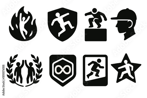 Parkour Culture Icons. Solid style icons of parkour culture symbols: fearless spirit icon, freedom movement badge, urban warrior