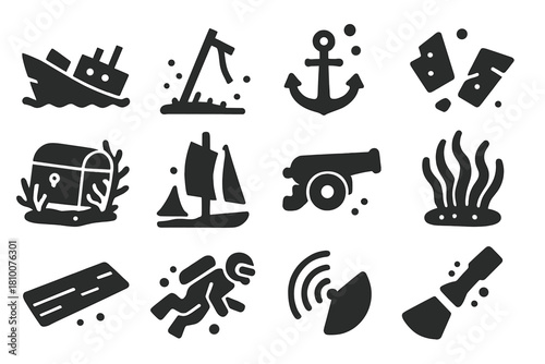 Shipwreck Icon Collection. Solid style icons of shipwrecks: sunken ship, broken mast, anchor, hull fragments, treasure chest,