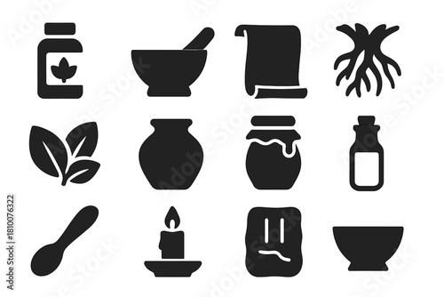Ancient Remedies Icons. Solid style icons of ancient remedies: herbal bottle, mortar and pestle, scroll, roots, leaves, clay pot,