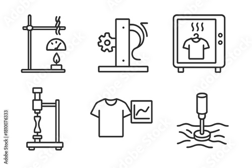 Smart Textile Testing Icons. Line style icons of smart textile testing: lab heat test on fiber, bending cycle machine, moisture