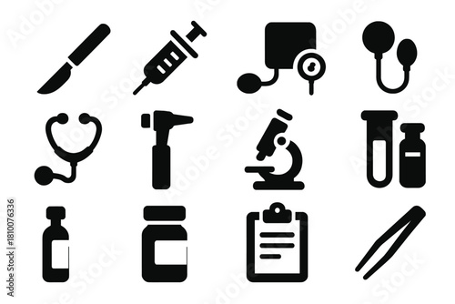 Medical Instruments Icons. Solid style icons of medical instruments: scalpel, syringe, thermometer, blood pressure cuff,