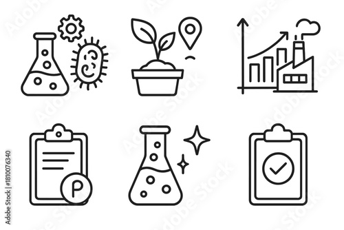 Innovation Milestone Icons. Line style icons of innovation milestones: discovery of plastic-degrading enzyme, first field