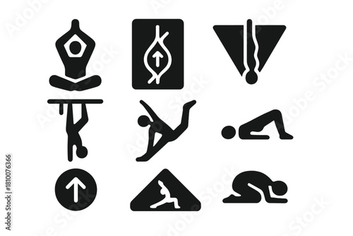Inversion Pose Icons. Solid style icons of inverted poses and circulation: upside-down lotus icon, blood flow aid panel, reverse