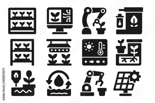 Futuristic Space Agriculture Icons. Solid style icons of futuristic space agriculture: modular hydroponics, AI monitoring, robotic