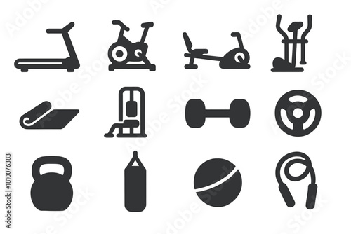 Solid Gym Equipment Icons. Solid style icons of training equipment: treadmill, stationary bike, rowing machine, elliptical, gym