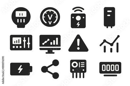 Solid Energy Icons. Solid style icons of energy monitoring: smart meter, voltage gauge, current sensor, data logger, control panel