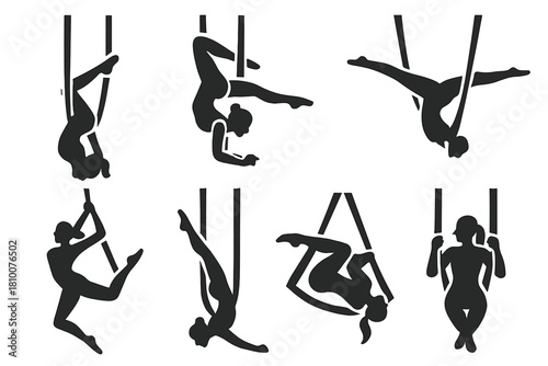 Advanced Aerial Yoga Icons. Solid style icons of advanced aerial yoga moves: full inversion hold, mid-air scorpion icon, flying