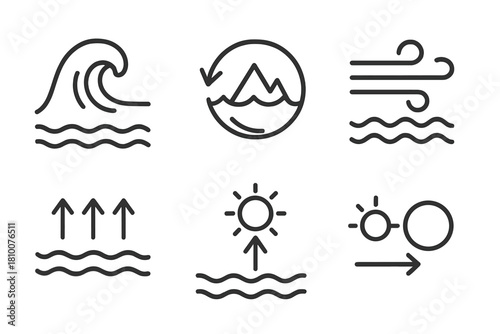 Ocean-Atmosphere Interaction Icons. Line style icons of ocean-atmosphere interaction: El Niño wave, La Niña cycle, wind-ocean