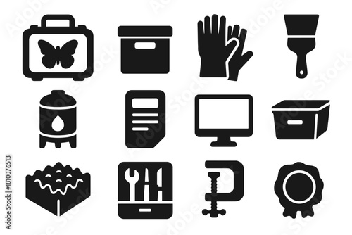 Conservation Tool Icons. Solid style icons of conservation and preservation: protective casing, storage box, gloves, brush, water