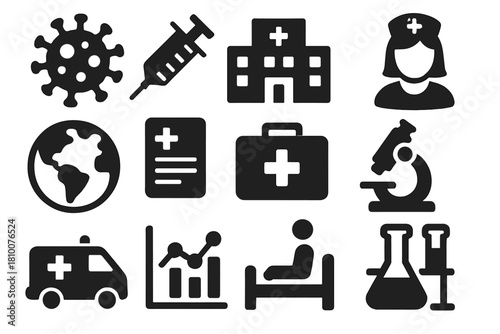 International Health Icons. Solid style icons of International Health: infectious pathogen, vaccination shot, clinic building,