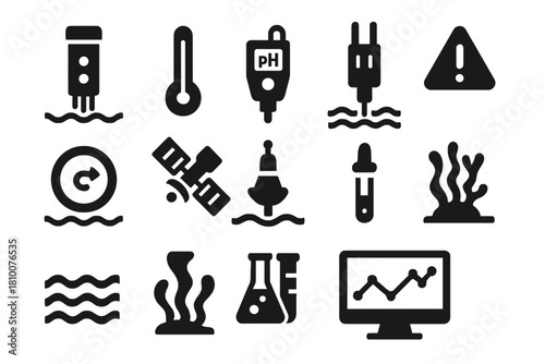 Environmental Monitoring Icons. Solid style icons of environmental monitoring: water quality sensor, thermometer, pH meter,