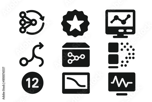 AI Simulation Icons. Solid style icons of AI training simulations: neural network loop icon, reward function badge, model test