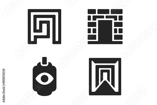 Obscured Gallery Maze. Solid style icons of obscured gallery architecture: maze corridor panel, hidden door entrance, illusion