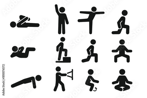 Physiotherapy Exercise Icons. Solid style icons of physiotherapy exercises: stretching leg, arm raise, balance pose, core exercise