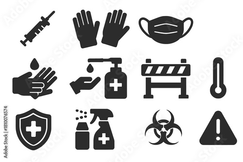 Disease Prevention Icons. Solid style icons of disease prevention: vaccination syringe, protective gloves, mask, handwashing,