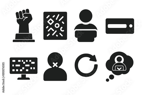 Controversial Icon Art. Solid style icons of controversial statement art: bold protest sculpture, encrypted message slab,