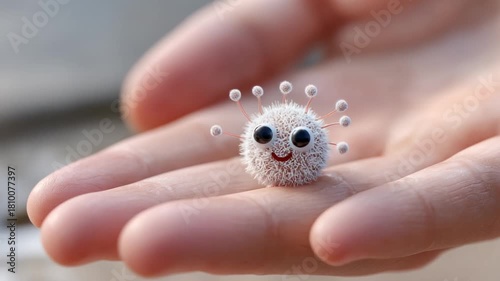 A smiling bacterium sitting on a human palm, looking cute and friendly, concept of microorganisms, hand cleanliness, hygiene, and health