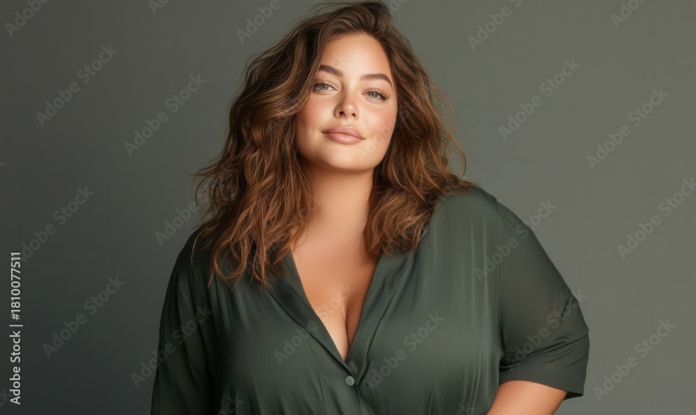Obraz premium Studio Portrait Displays Plus Size Woman in Olive Green Shirt