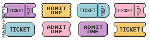 set of tickets in pixel art, 80s, 90s old arcade game style, coupon, ticket for cinema, theatre, circus, movie, festival, music, entrance pass, admit one, design template, vector illustration