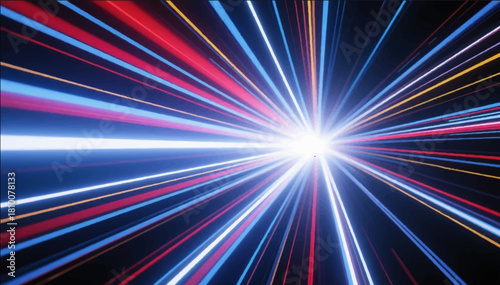 An illustration of laser flashes and light rays going into the center of space. Vector graphics. EPS.