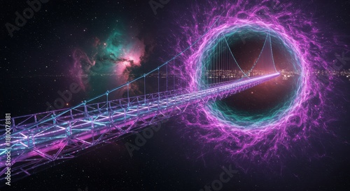Illuminated suspension bridge extends toward a glowing interstellar anomaly in deep space