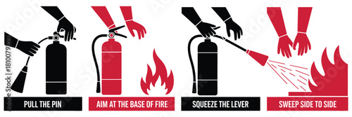 Fire extinguisher label and instruction signs, vector illustration, safety and emergency concept, fire prevention design, digital graphic for workplaces, buildings, apps, websites, posters, and 