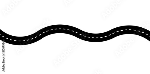 Winding road illustration with dashed lines on a white background