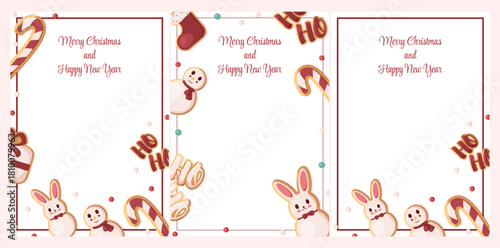Template Christmas and New Year set of leaflets with gingerbread cookies. Vector illustration for greeting cards, social network posts, email cards, banners, posters, flyers.